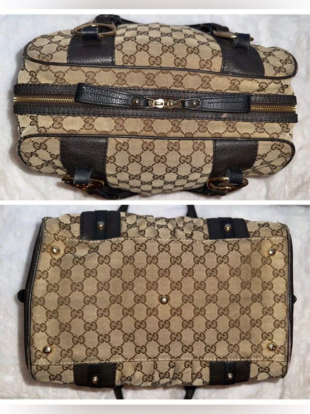 Gucci Beige GG Supreme Boston Bag with Leather Trim
